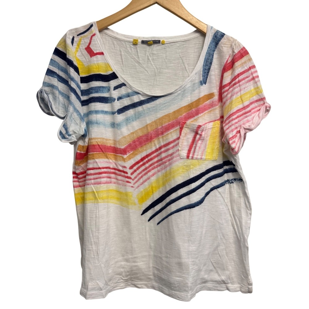 Little Yellow Button Anthro T Shirt Medium Short Sleeve Rainbow Stripes Colorful